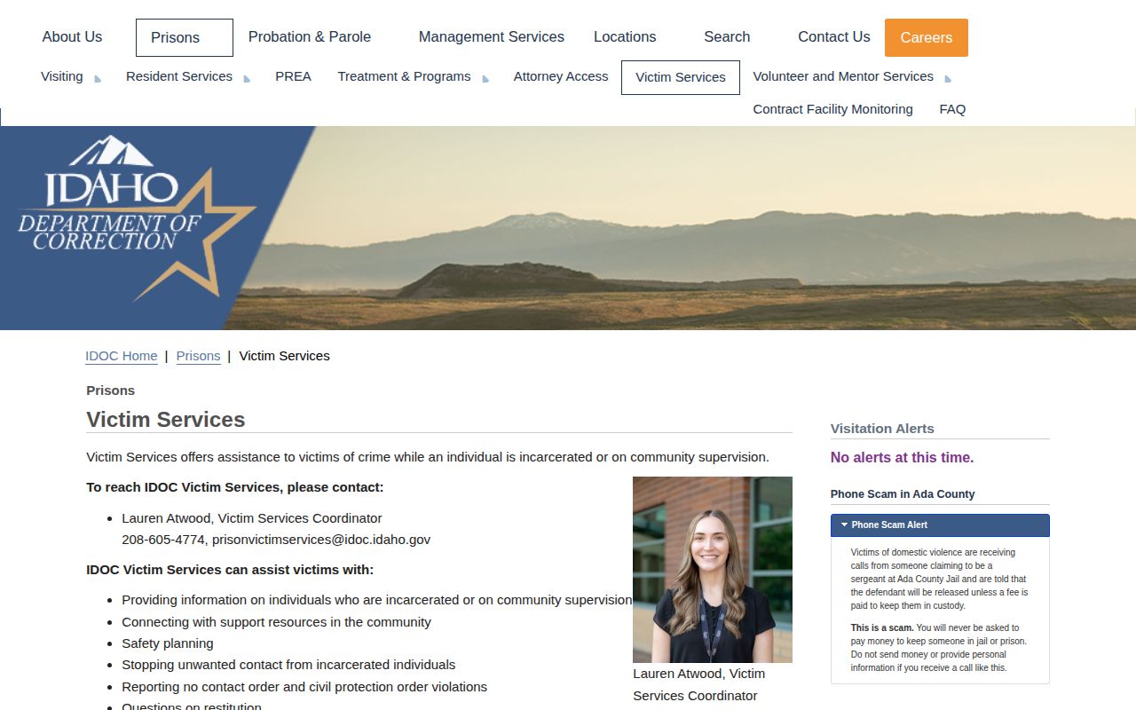 Idaho Department of Correction victim services notification guidance