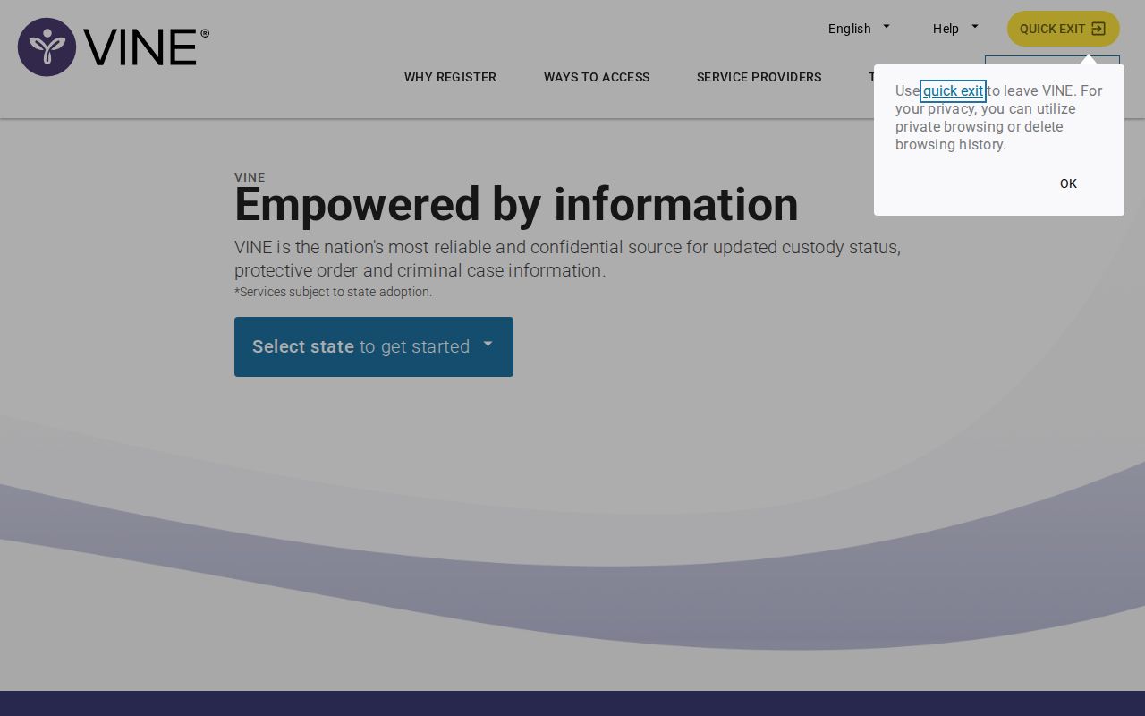 VINELink public location selection and custody search screen
