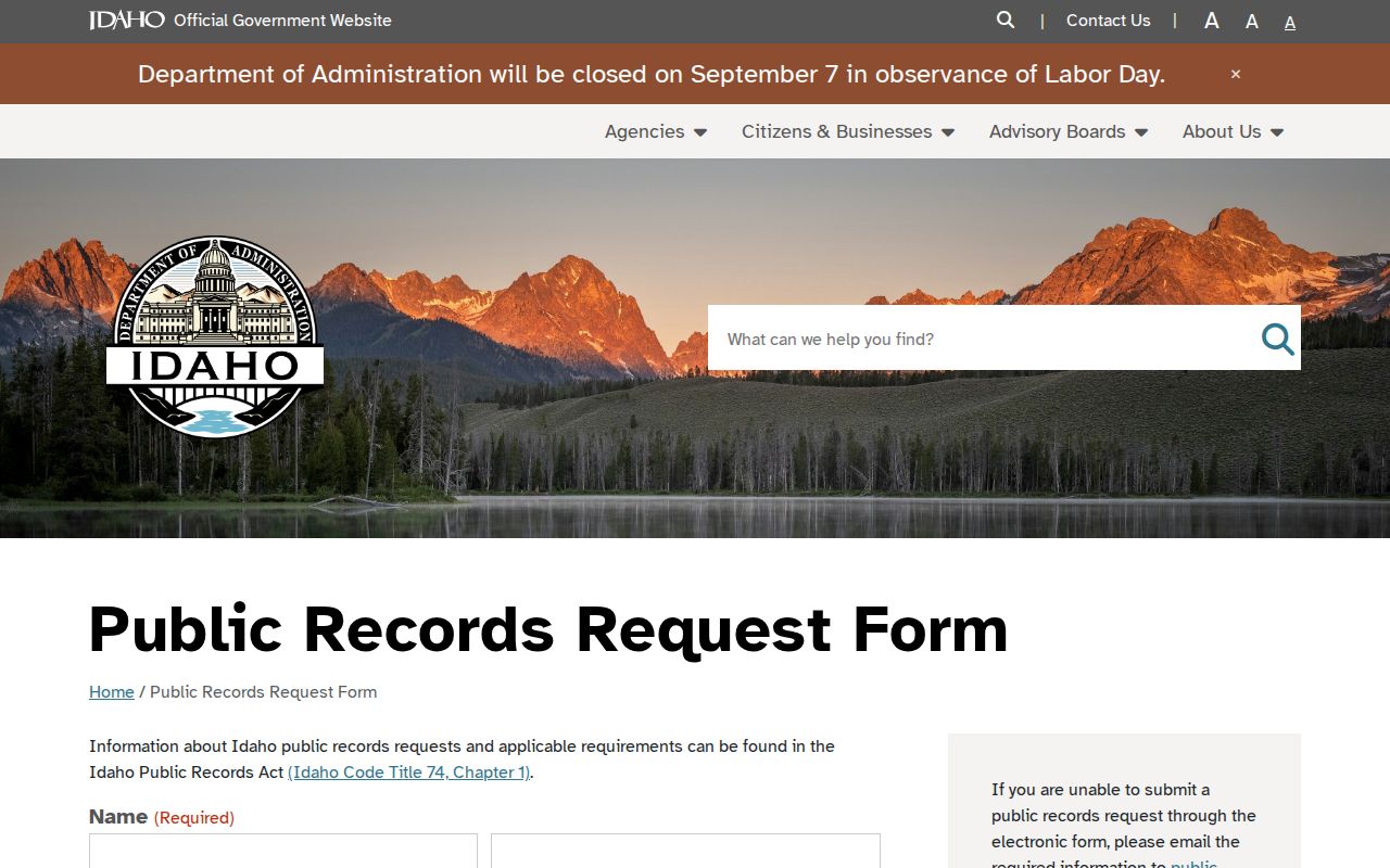 Idaho public records request guidance and agency selection page
