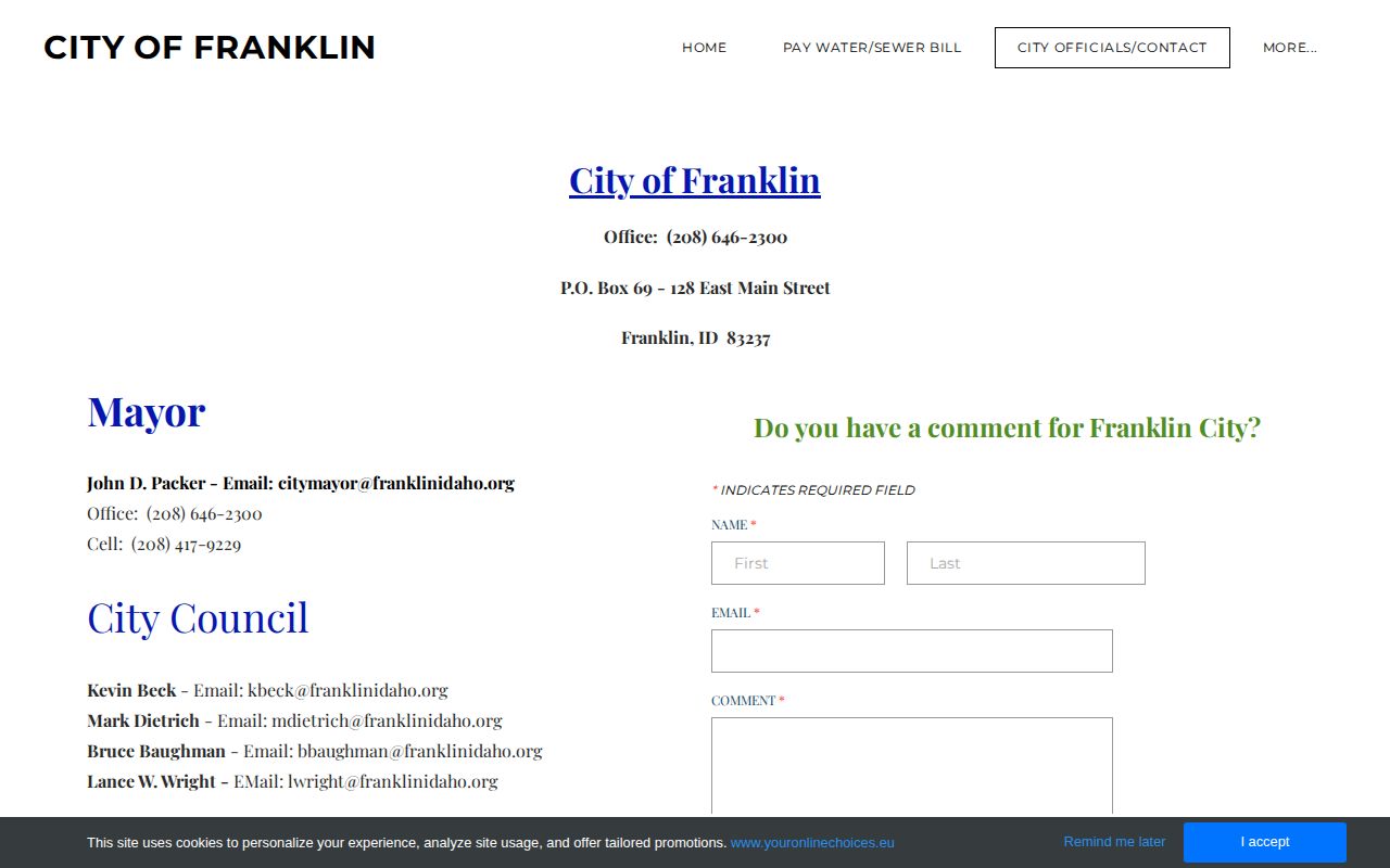 Official City of Franklin Idaho officials and contact page